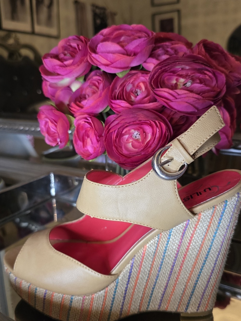 Neutral Beige Wedge Sandal with Pink Insole - Women Shoes